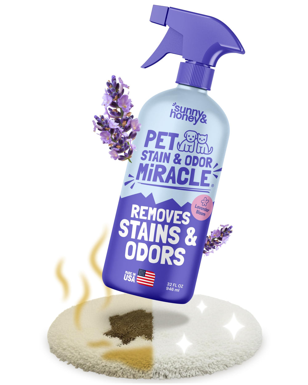 Sunny & Honey Pet Stain Miracle bottle front demonstrates carpet stain removal power