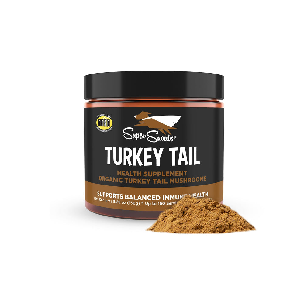 Super Snouts Turkey Tail Mushroom Powder bottle offering immune and antioxidant support for pets.