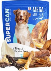 Super Can Bullysticks Mega Mix bag of dog treats offers variety and long-lasting chew time.