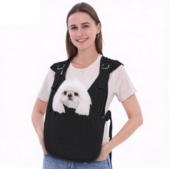 Supet dog carrier sling front view shows compact design for small dogs and on-the-go use.