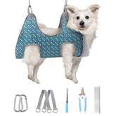 Supet dog grooming hammock coral blue on a pole for easy at-home nail trimming
