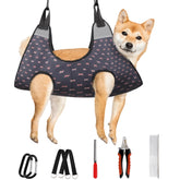 Supet dog grooming hammock harness ready for nail trim, secure and comfortable.