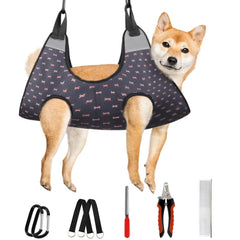 Supet dog grooming hammock harness ready for nail trim, secure and comfortable.