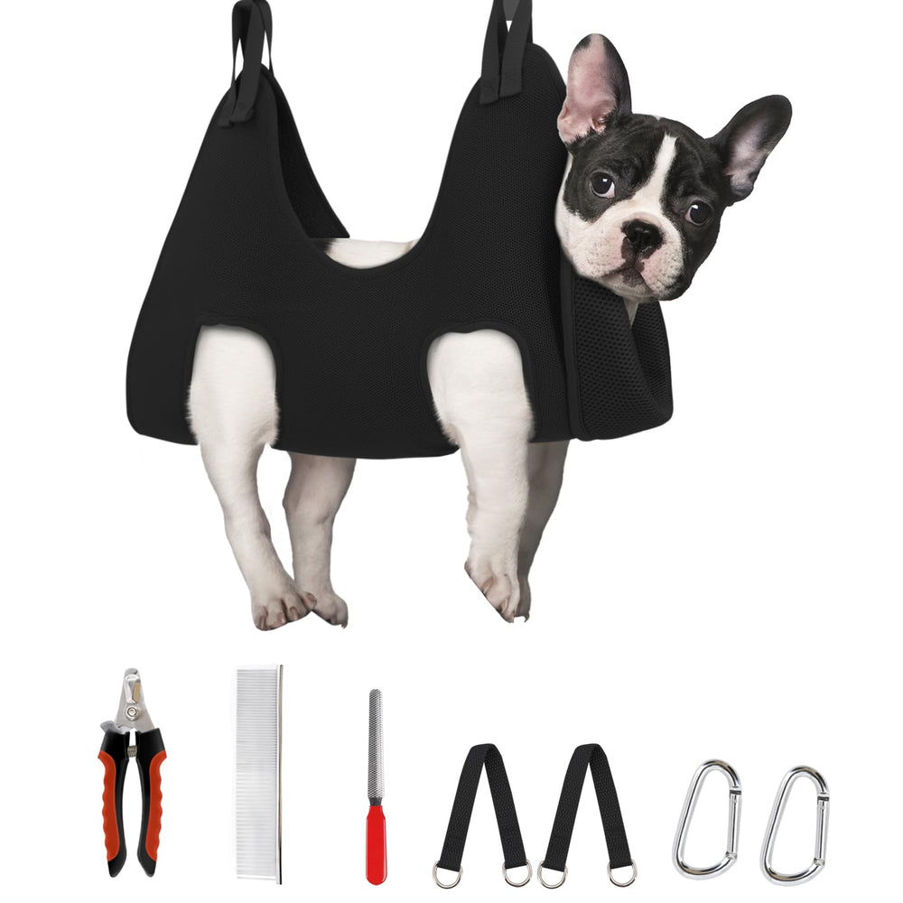 Supet dog grooming hammock harness overview with secure setup for nail trimming.