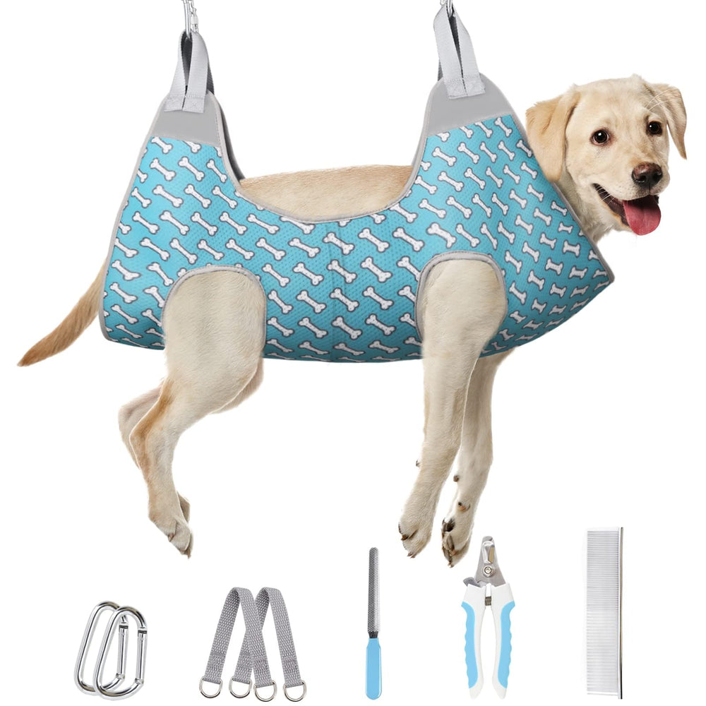 Supet dog grooming hammock nail trim in coral blue enabling comfortable at-home nail care.