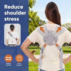 Supet dog sling grey worn by model demonstrates hands-free convenience.
