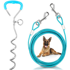Supet dog tie out cable 32ft laid out in yard for safe, extended play