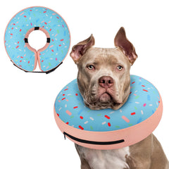 Supet inflatable donut collar around dog's neck for gentle recovery support.