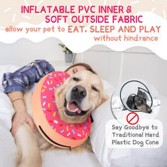 Supet inflatable neck donut on dog demonstrates lightweight, vision-friendly fit during play.