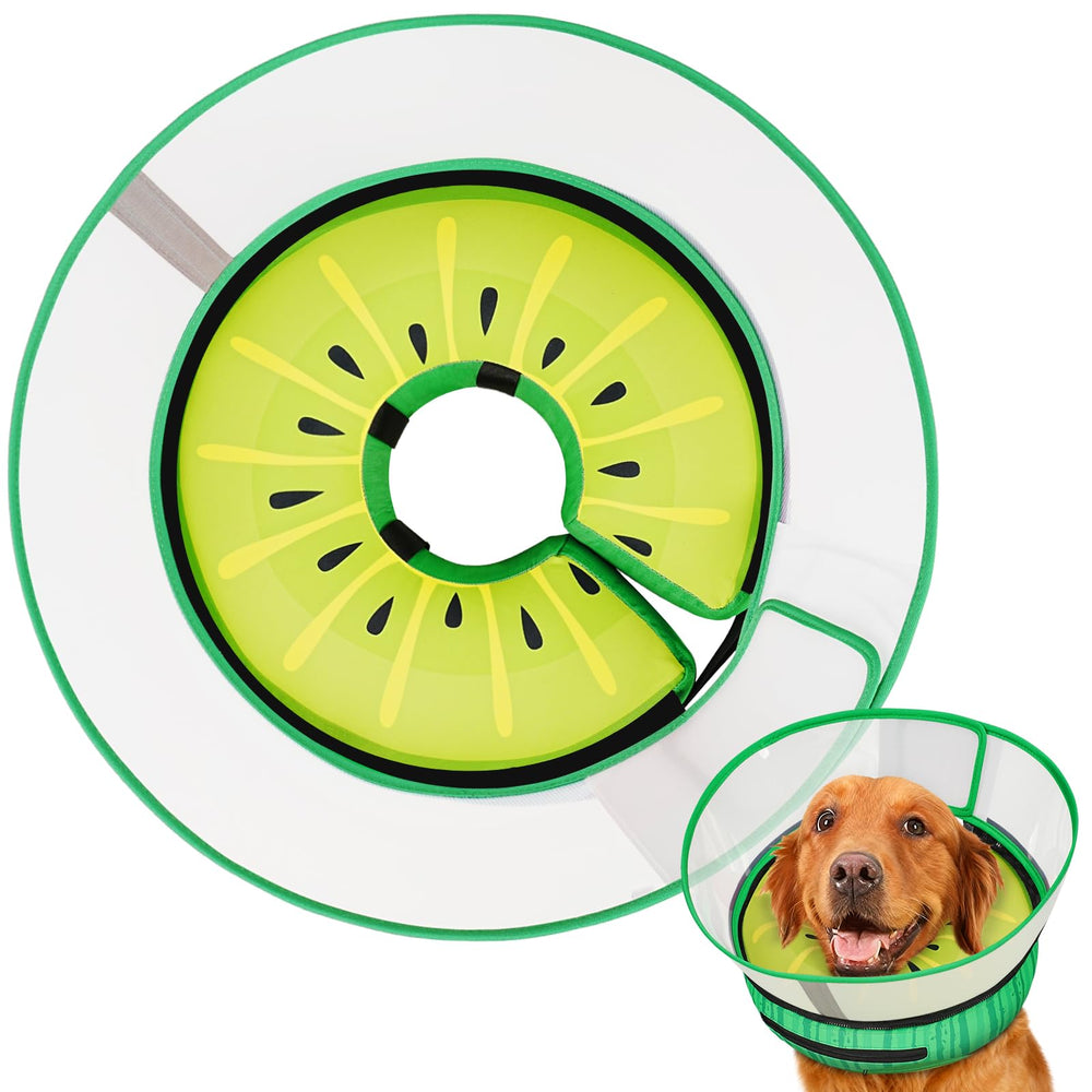 Supet raised inflatable dog cone with Kiwi donut provides gentle post-op protection