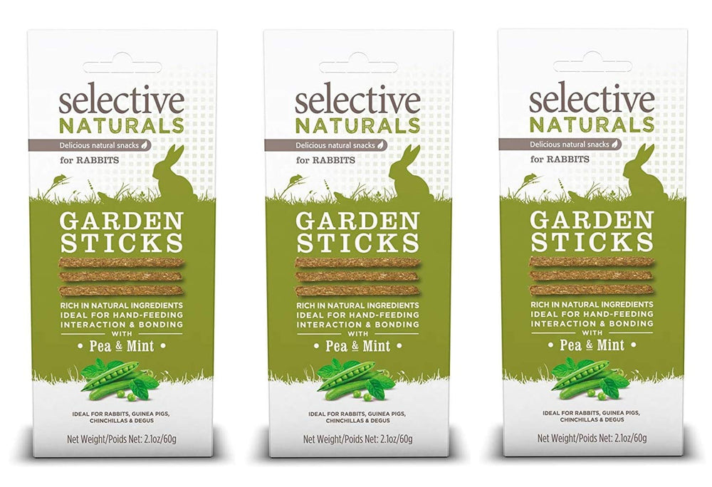 Supreme Petfoods garden sticks rabbit treats 3-pack, pea and mint flavor for bonding.