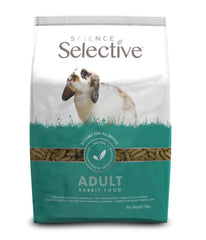 Supreme Petfoods Science Selective Adult Rabbit 1.5kg bag front highlights high-fiber formula for digestive support