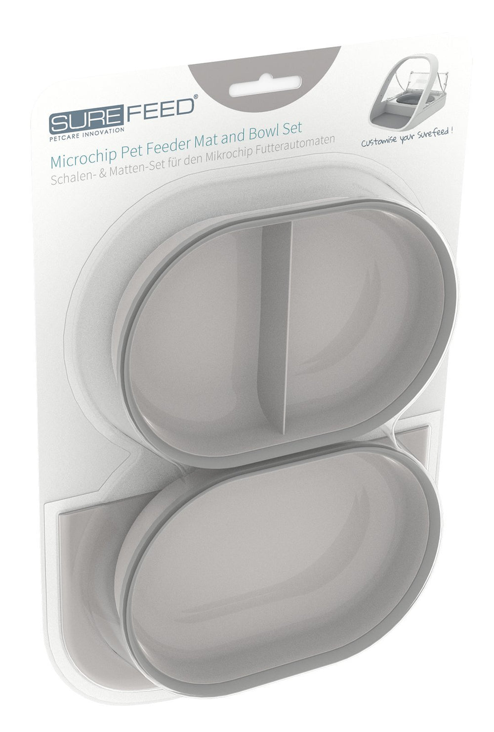 SureFlap mat and bowl set grey front view with odor-reducing seal for fresher meals.