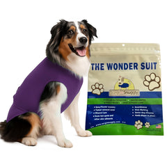 SurgiSnuggly recovery suit back opening demonstrates effortless post-surgery dressing for dogs and reduces stress.