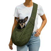 SUSU PET CO. small dog sling with olive-green strap for comfortable hands-free walks.