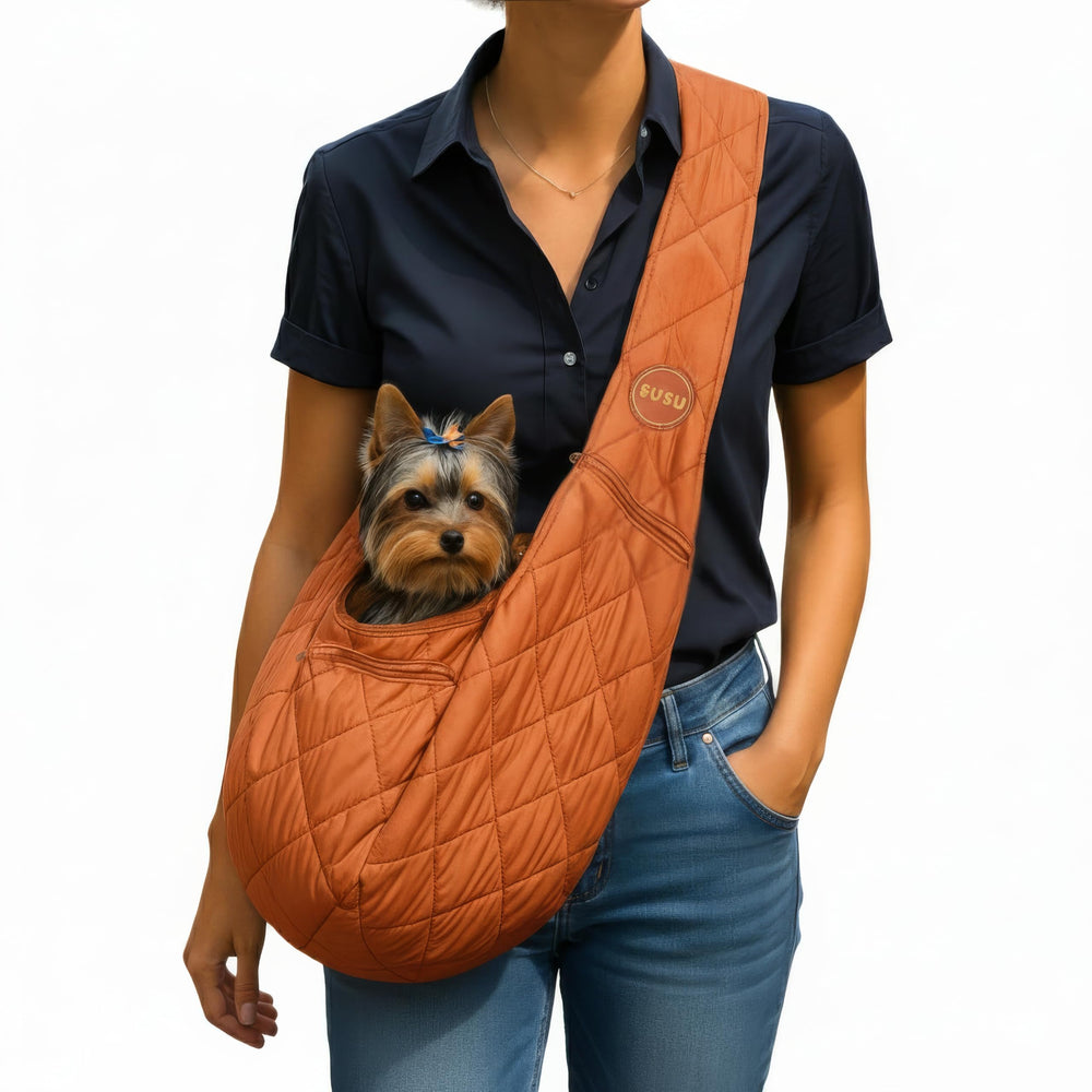 SUSU PET CO. small dog sling copper brown front view for comfortable city walks.