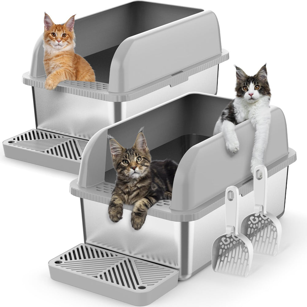 Suzzipaws 2-pack deep stainless steel litter box with lid provides privacy and spill protection.
