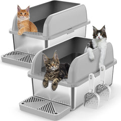Suzzipaws 2-pack deep stainless steel litter box with lid provides privacy and spill protection.