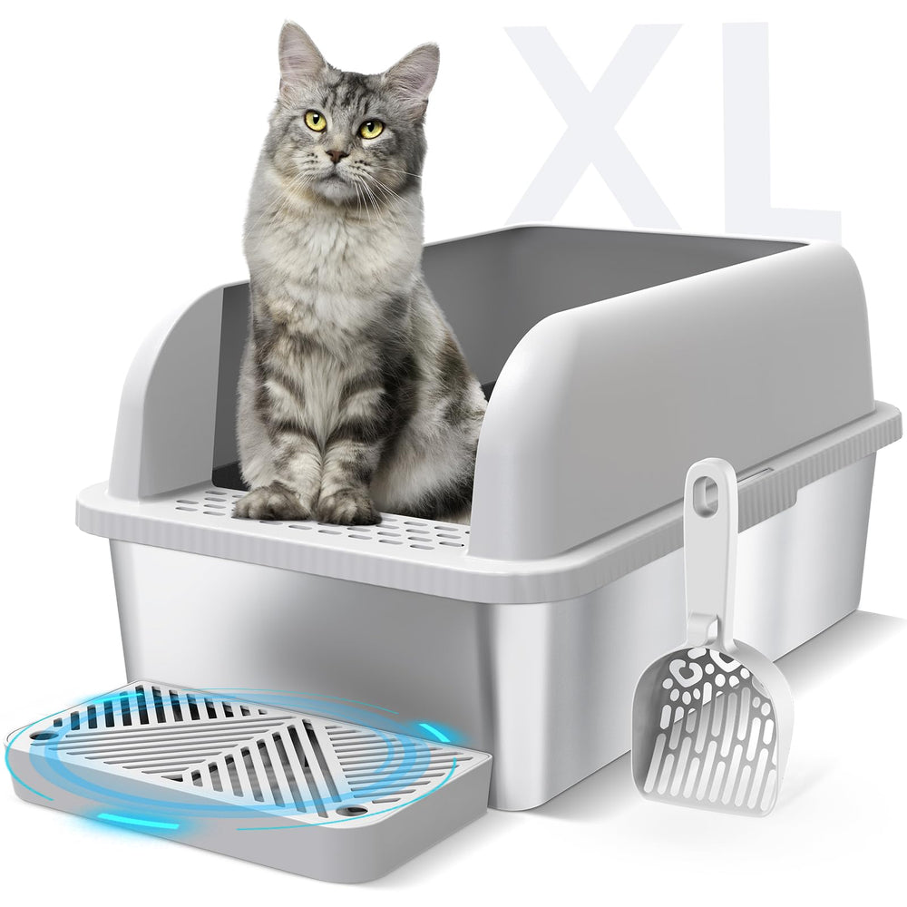Suzzipaws enclosed steel litter box with lid, front view, spill reduction.