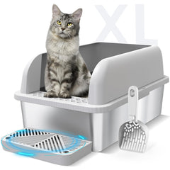 Suzzipaws enclosed steel litter box with lid, front view, spill reduction.