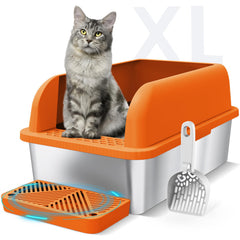 Suzzipaws enclosed XL stainless-steel litter box orange with high sides for cat privacy.