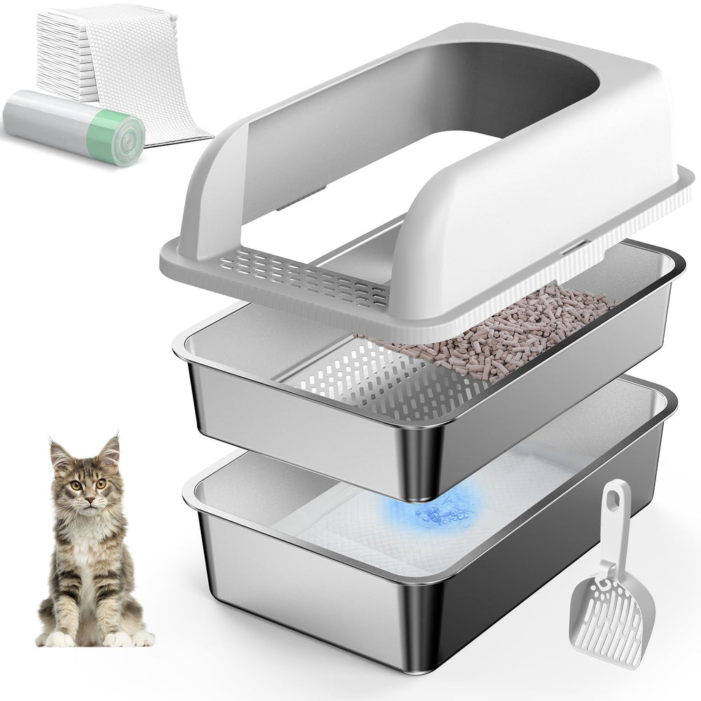 Suzzzipaws stainless-steel litter box with lid for durable use and odor control.