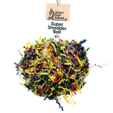 Sweet Feet and Beak 5inch Super Shredder Ball closeup with colorful paper foraging fun.