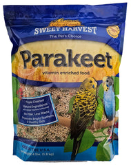 Sweet Harvest parakeet food mix 4lbs bag showcases a balanced seed blend for small birds.