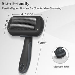 Release button on Swihauk slicker brush for quick fur cleanup