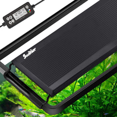 Switior auto on/off LED aquarium light front view showing compact fit for 12–18 inch tanks, enhanced illumination.