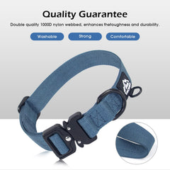 Tacwild Heavy Duty Dog Collar Haze Blue walking shot with leash-ready D-ring for control