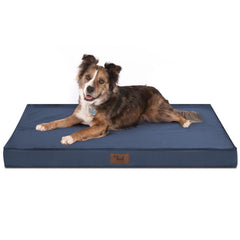 Tail Stories large outdoor dog bed in navy with waterproof Oxford cover for outdoor lounging.