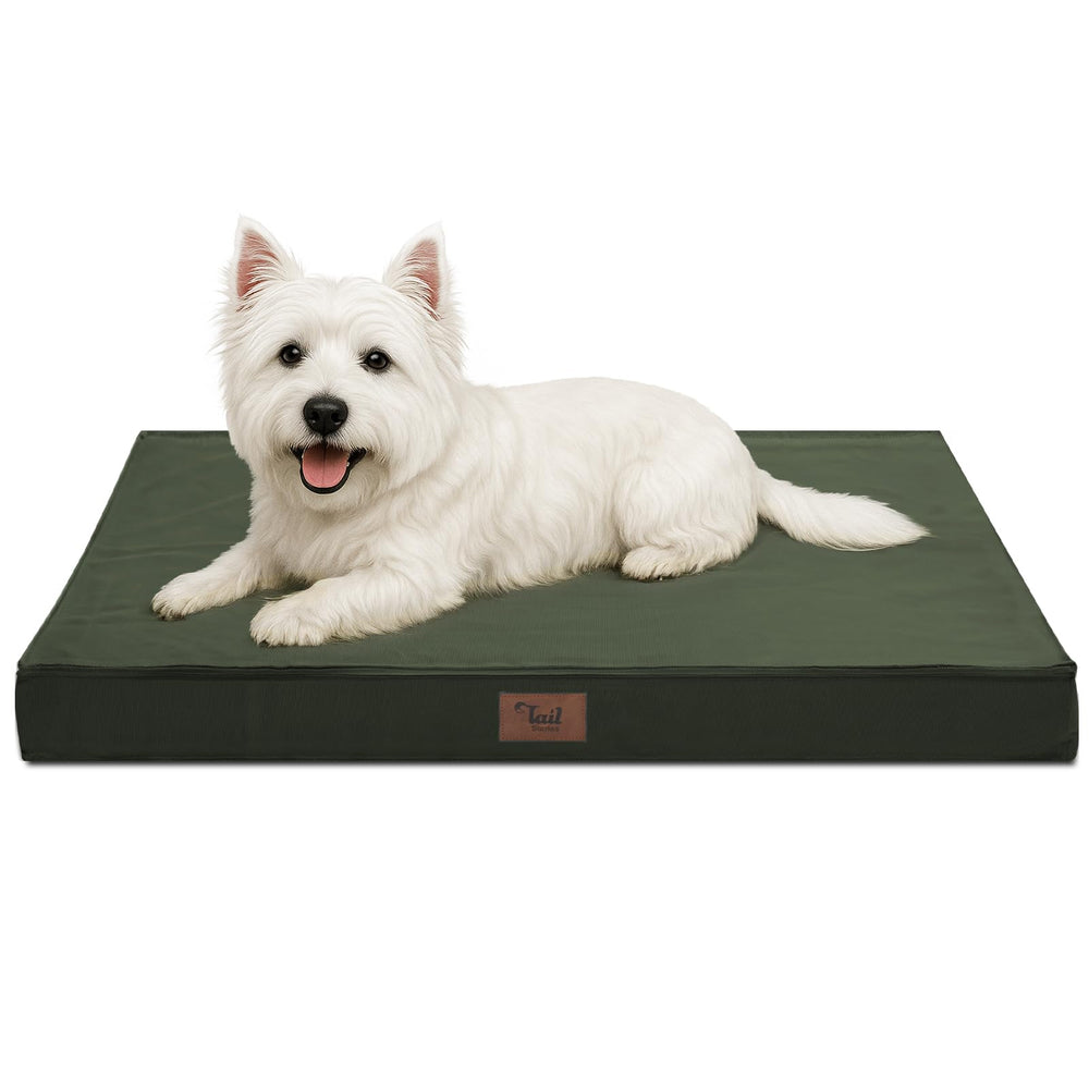 Tail Stories outdoor dog bed cover dark green shows waterproof Oxford fabric for easy cleaning.
