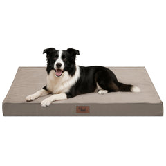 Tail Stories outdoor dog bed in khaki, side view for crate-ready outdoor rest.