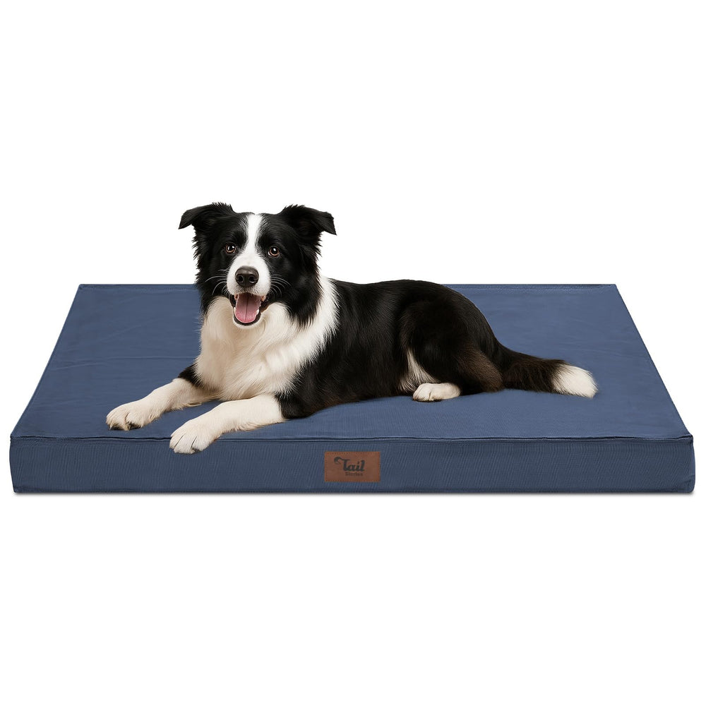 Tail Stories outdoor dog bed in navy cover provides cozy outdoor lounging for medium dogs