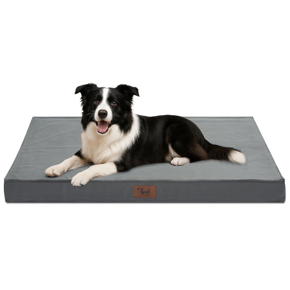 Tail Stories Outdoor Dog Bed shows waterproof cover for easy cleanup after outdoor adventures