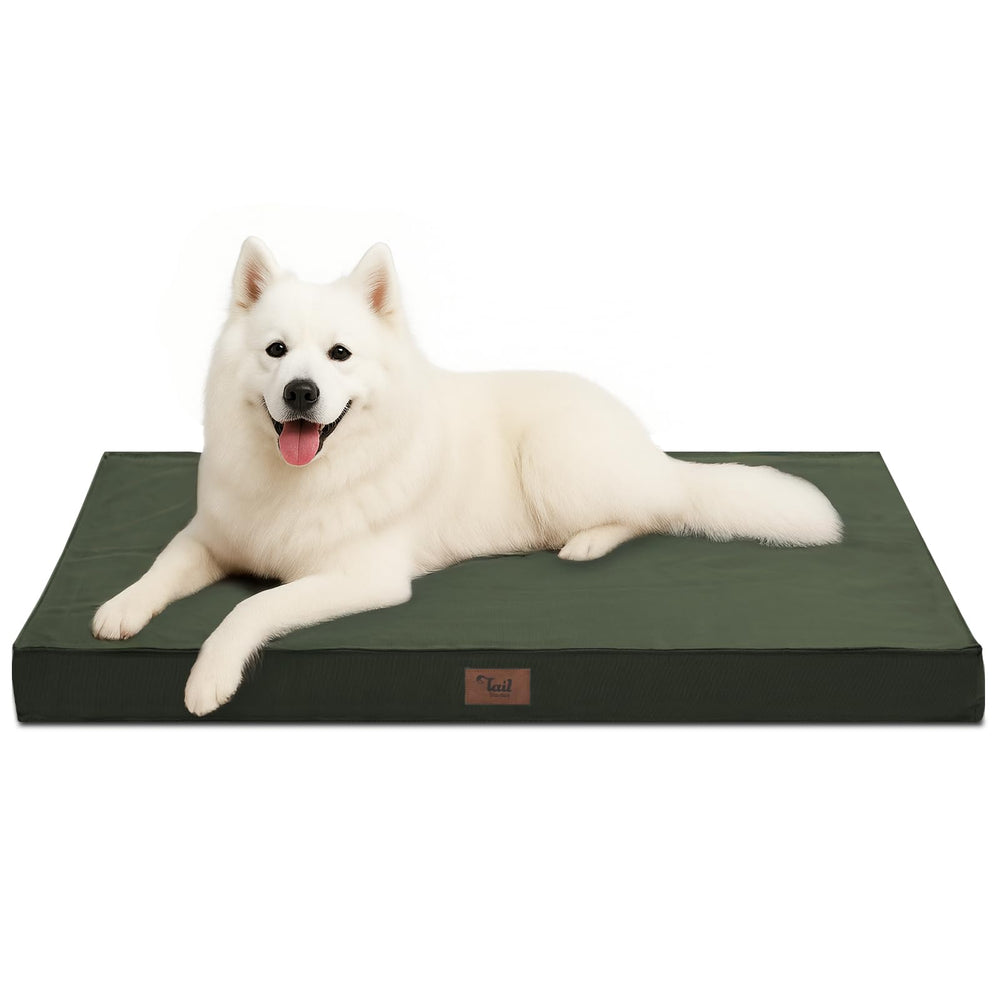 Tail Stories outdoor large-washable dog bed, front view, highlighting roomy crate fit.