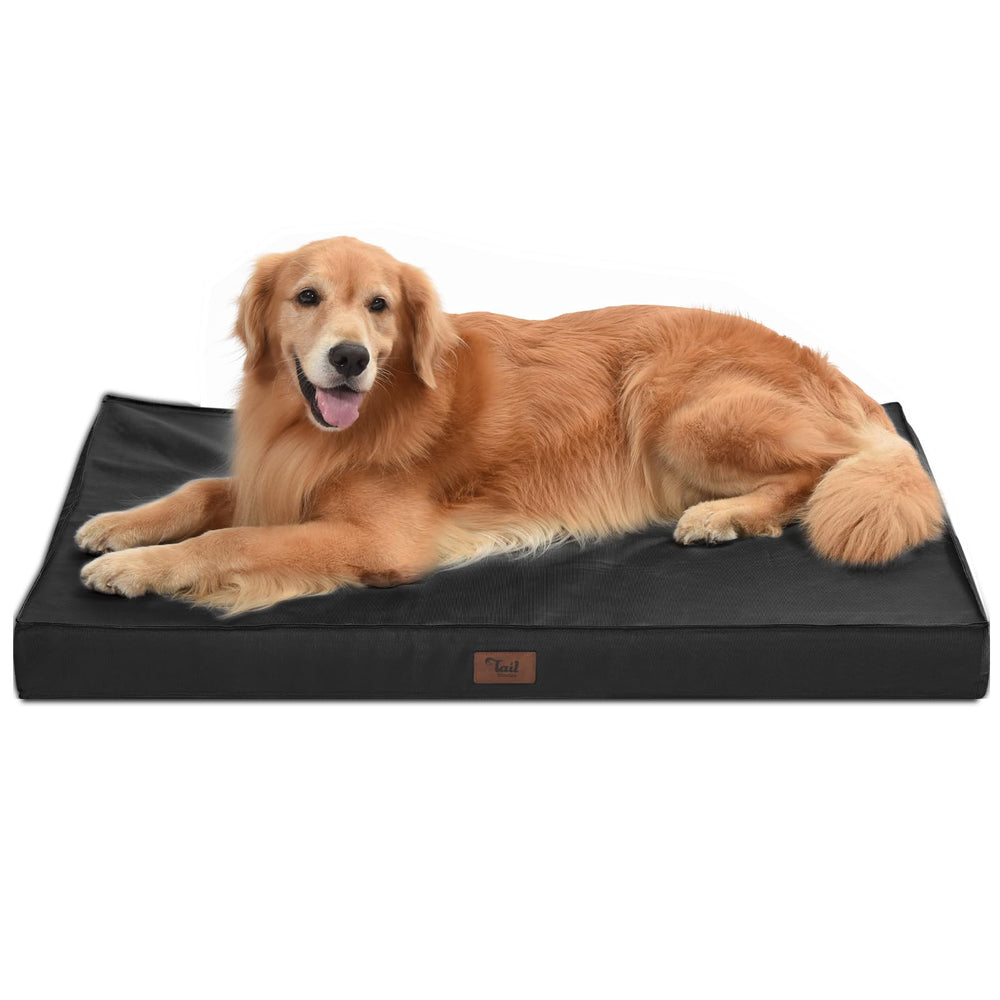 Tail Stories outdoor orthopedic dog bed cover close-up shows waterproof fabric for easy outdoor use.