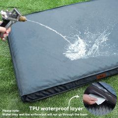 Tail Stories side handle outdoor portability in blue dog bed ready for camping.