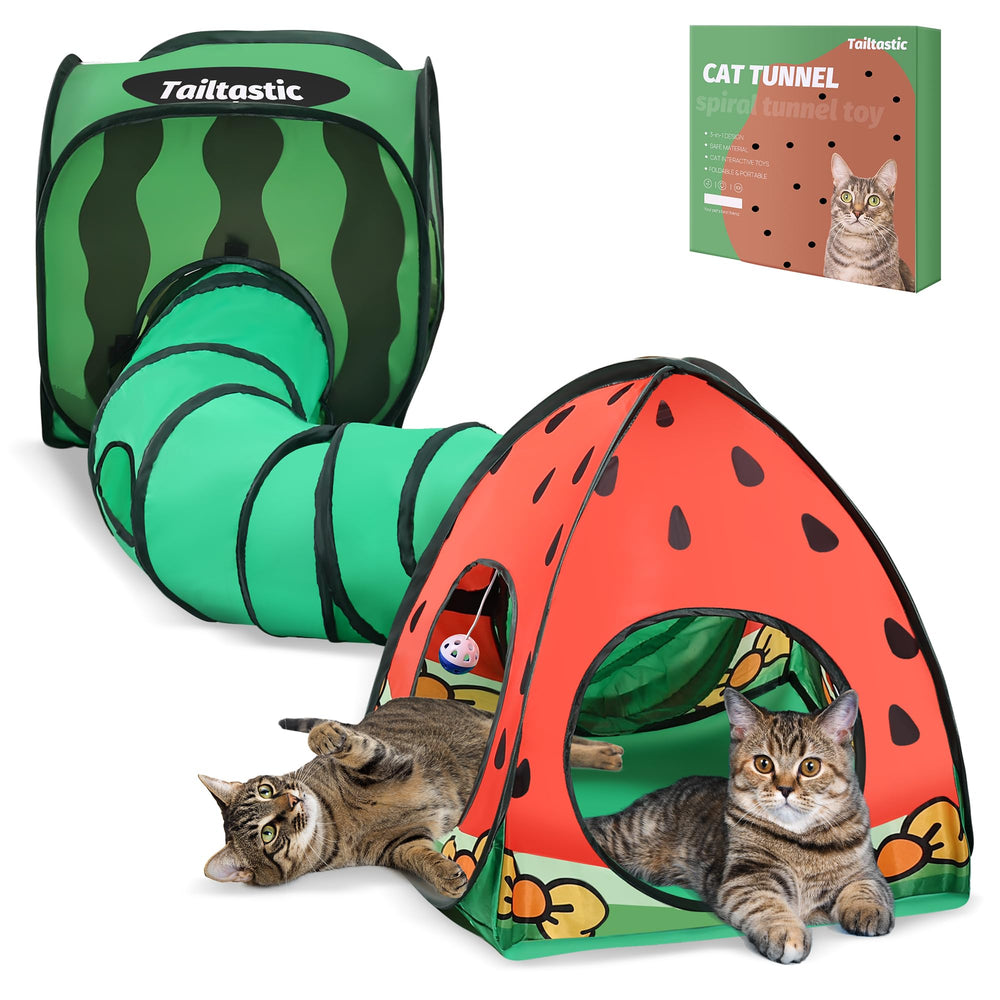 TailTastic watermelon play tunnel invites energetic cats to explore through a colorful indoor setup