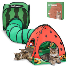 TailTastic watermelon play tunnel invites energetic cats to explore through a colorful indoor setup