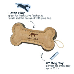 Tall Tails leather bone fetch toy 6in, closeup materials, buffalo hide with wool-felt reinforcement.