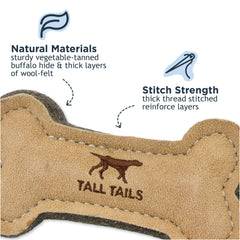Tall Tails leather bone fetch toy 6in, in-dog-play scene, great for fetch and tug.