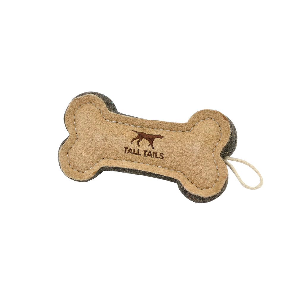 Tall Tails leather bone fetch toy 6in, side view, durable for regular fetch sessions.