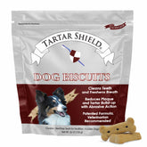 Tartar Shield dental dog biscuits packaging highlights USA-made quality for daily dental care.