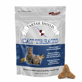Golosinas Tartar Shield para gatos muestran limpieza dental y aliento fresco.