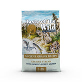 Taste of the Wild Ancient Stream salmon kibble bowl highlights smoky flavor dogs enjoy