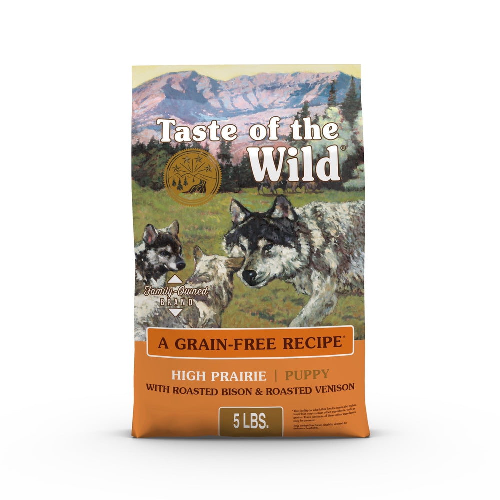 Taste of the Wild High Prairie Puppy bag front view highlighting grain-free, protein-forward nutrition.