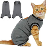 T'CHAQUE cat recovery suit back view shows snug fit protecting wounds