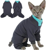 T'CHAQUE Sticky Hair Cat Onesie on cat reduces shedding mess during daily play.